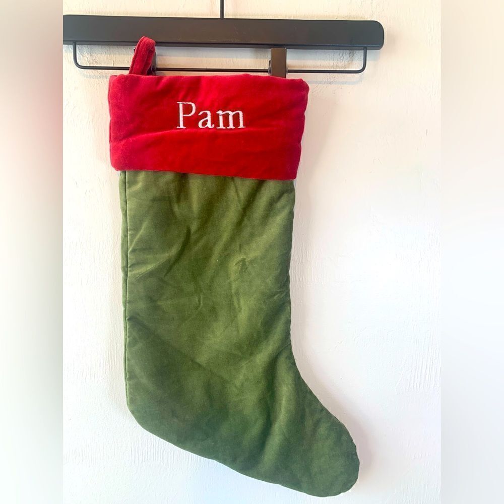 Pottery Barn “Pam” red and green velvet Christmas stocking OS‎